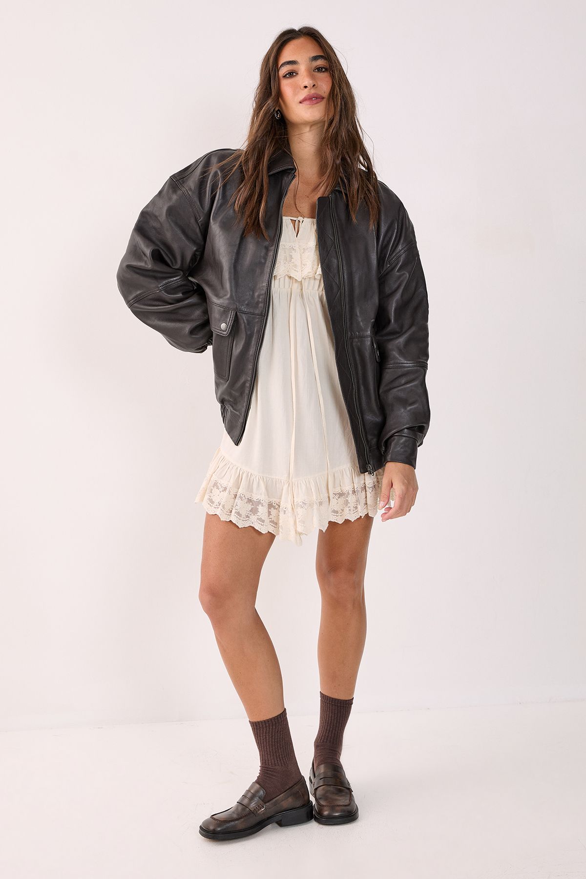 NastyGal Real Leather Oversized Bomber Jacket Chocolate image 2