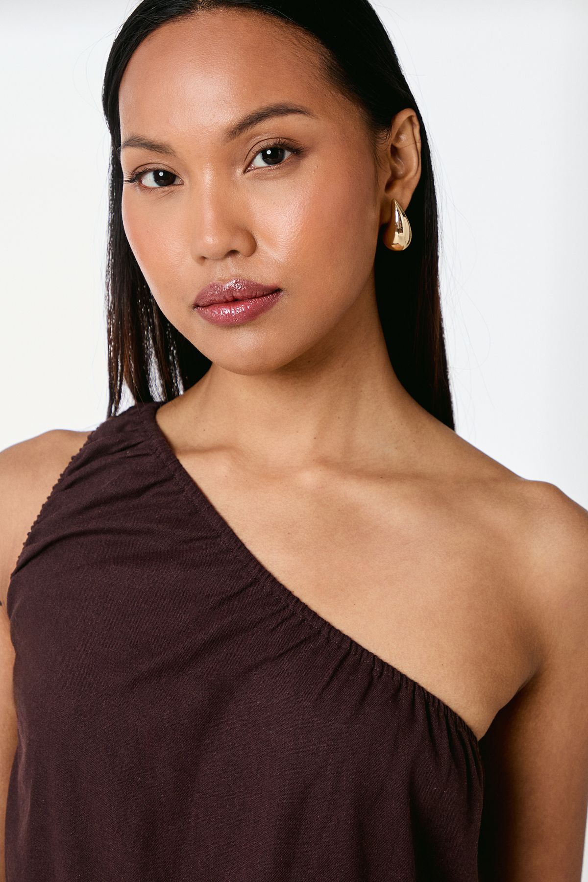 Principles One Shoulder Tiered Linen Mix Midaxi Dress Brown image 4