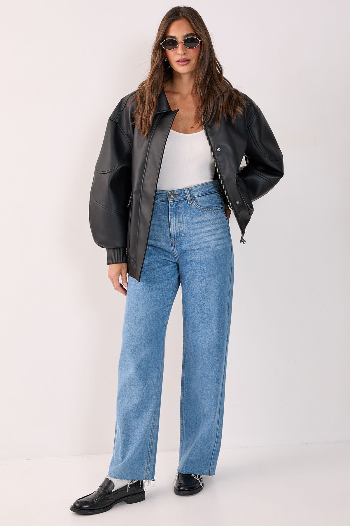 NastyGal Oversized Longline Faux Leather Bomber Jacket Black image 2