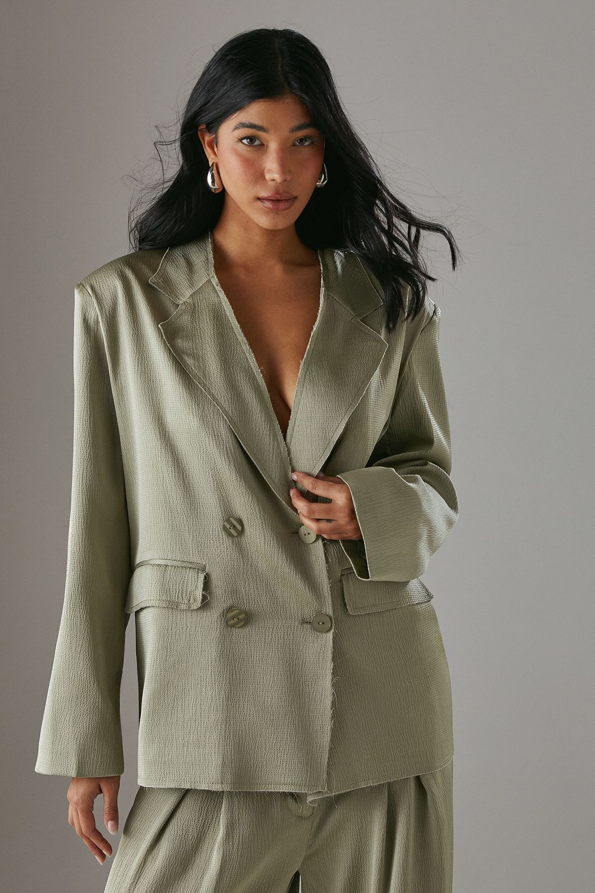 Warehouse Relaxed Satin Wide Leg Trousers with Raw Edge Waistband Khaki image 2