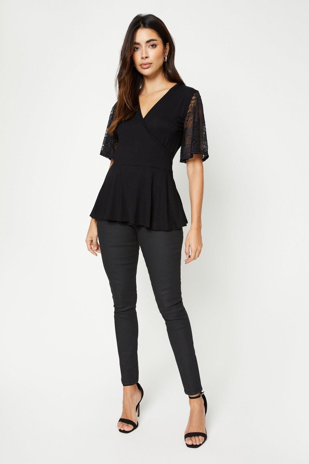Dorothy Perkins Lace Short Sleeve Wrap Top Black image 1