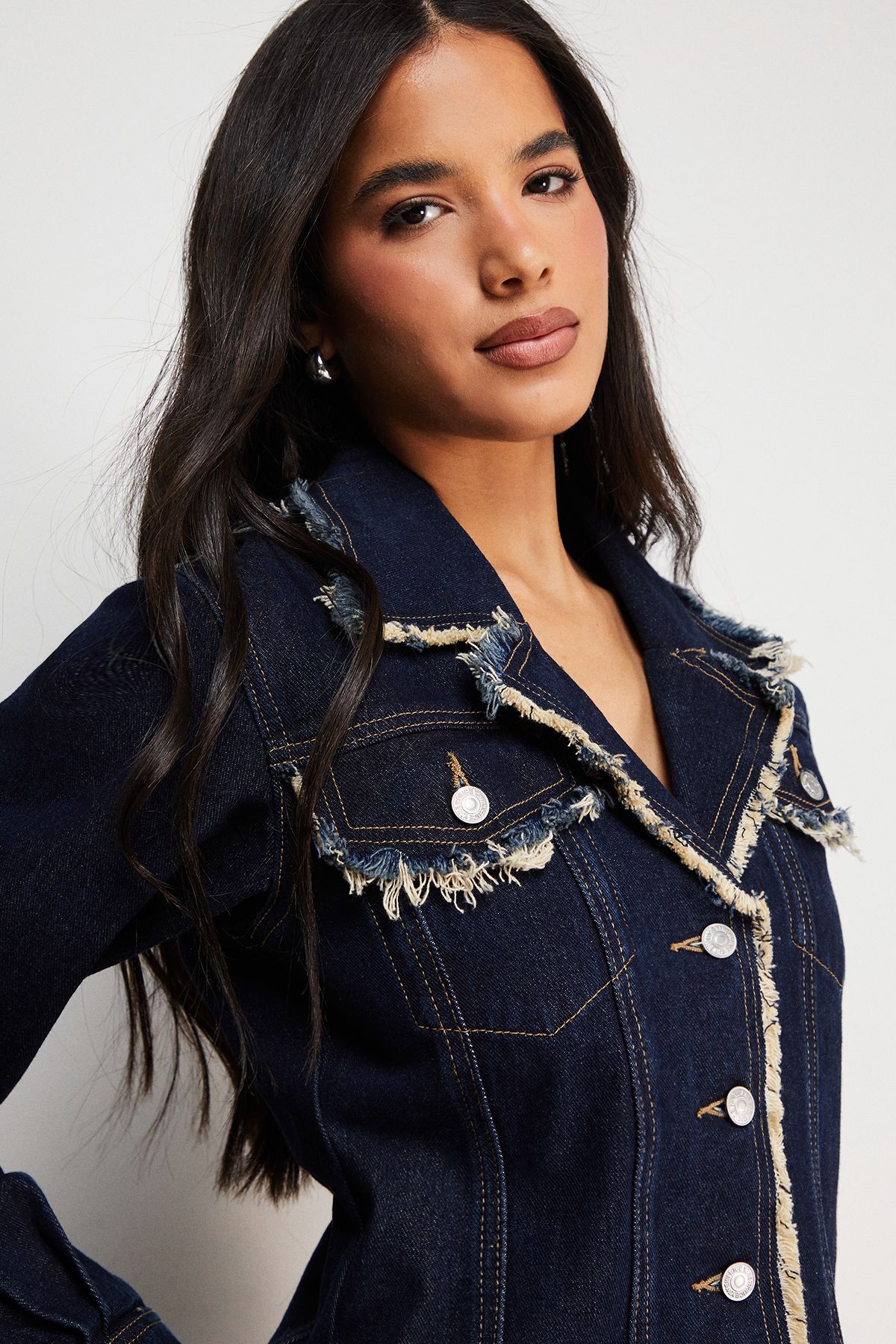 Warehouse Front Fitted Denim Jacket With Frayed Hem Indigo image 4