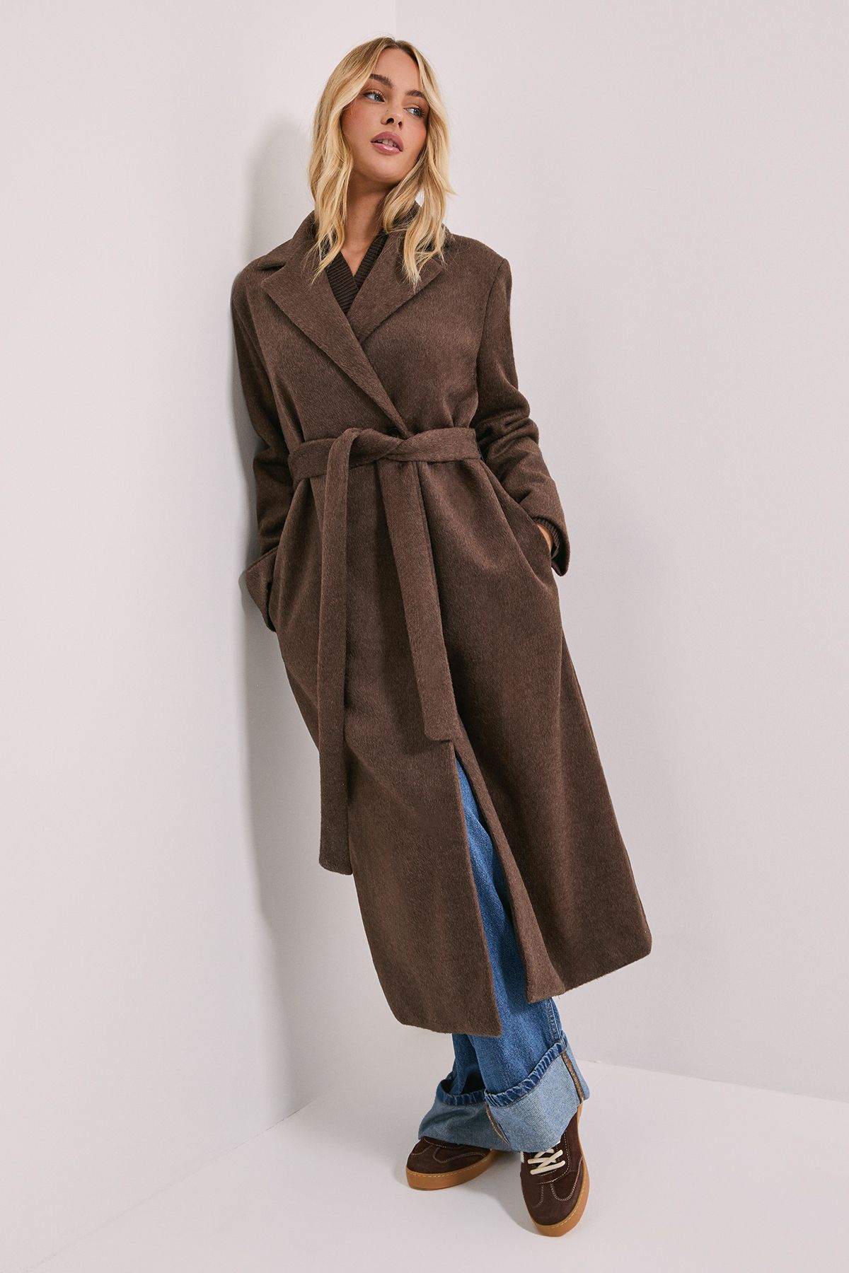Dorothy Perkins Longline Belted Coat Chocolate image 1