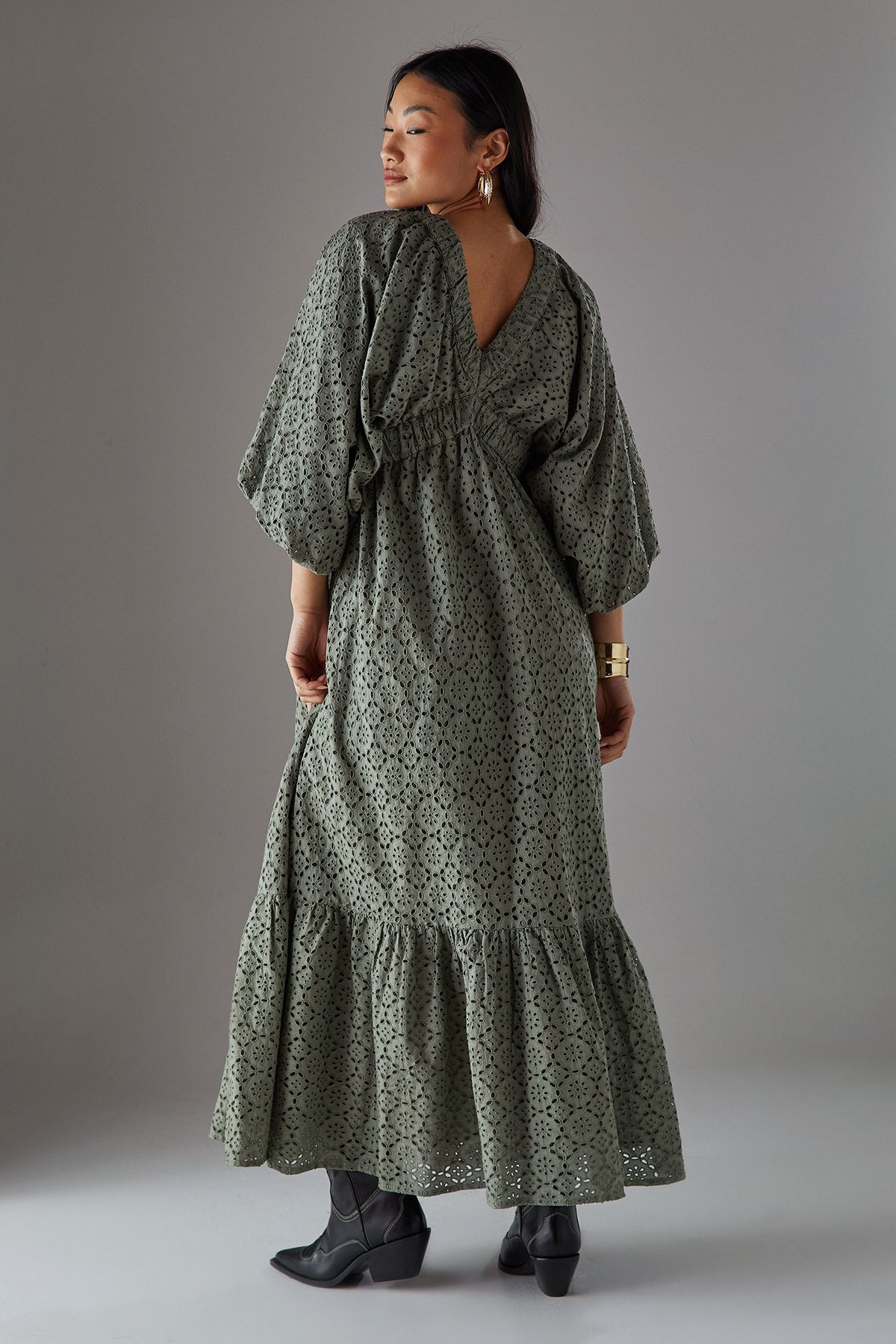 Warehouse Petite Broderie Plunge Neck Volume Sleeve Smock Midi Dress Khaki image 4