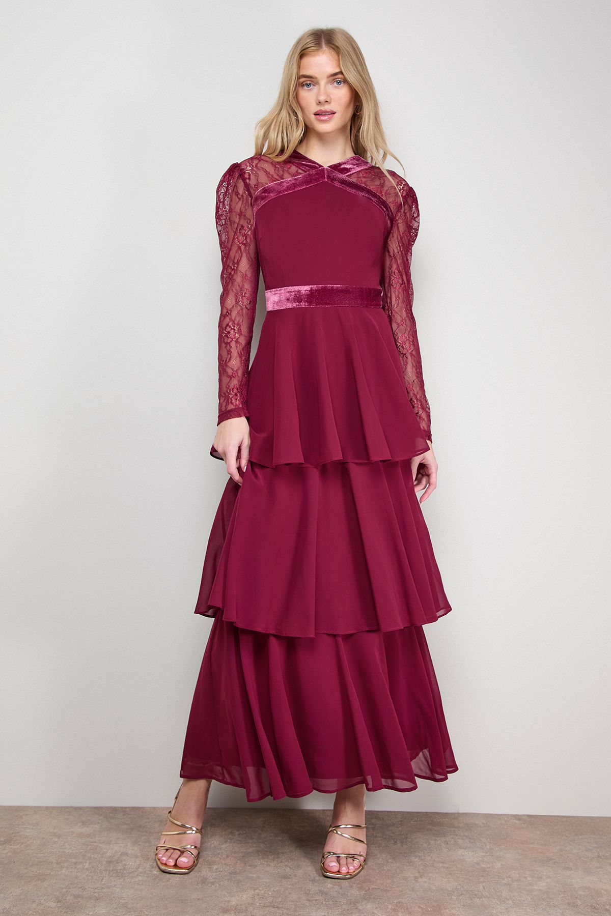 Oasis Lace Sleeve Tiered Maxi Dress Cherry image 1