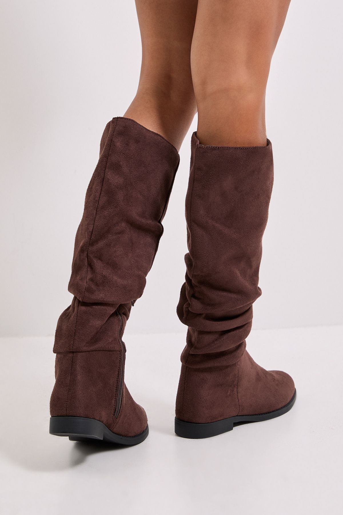 Dorothy Perkins Karina Faux Suede Flat Knee High Ruched Boots Brown image 4
