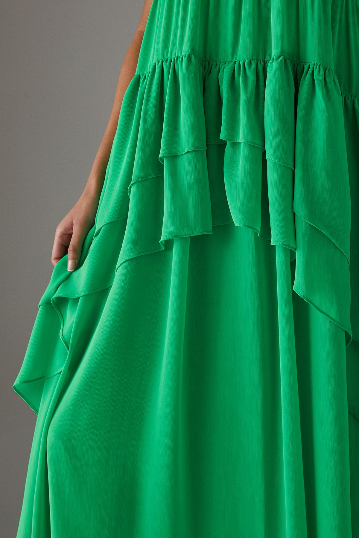Warehouse Chiffon Ruffle Tier Smock Midi Sundress Green image 4