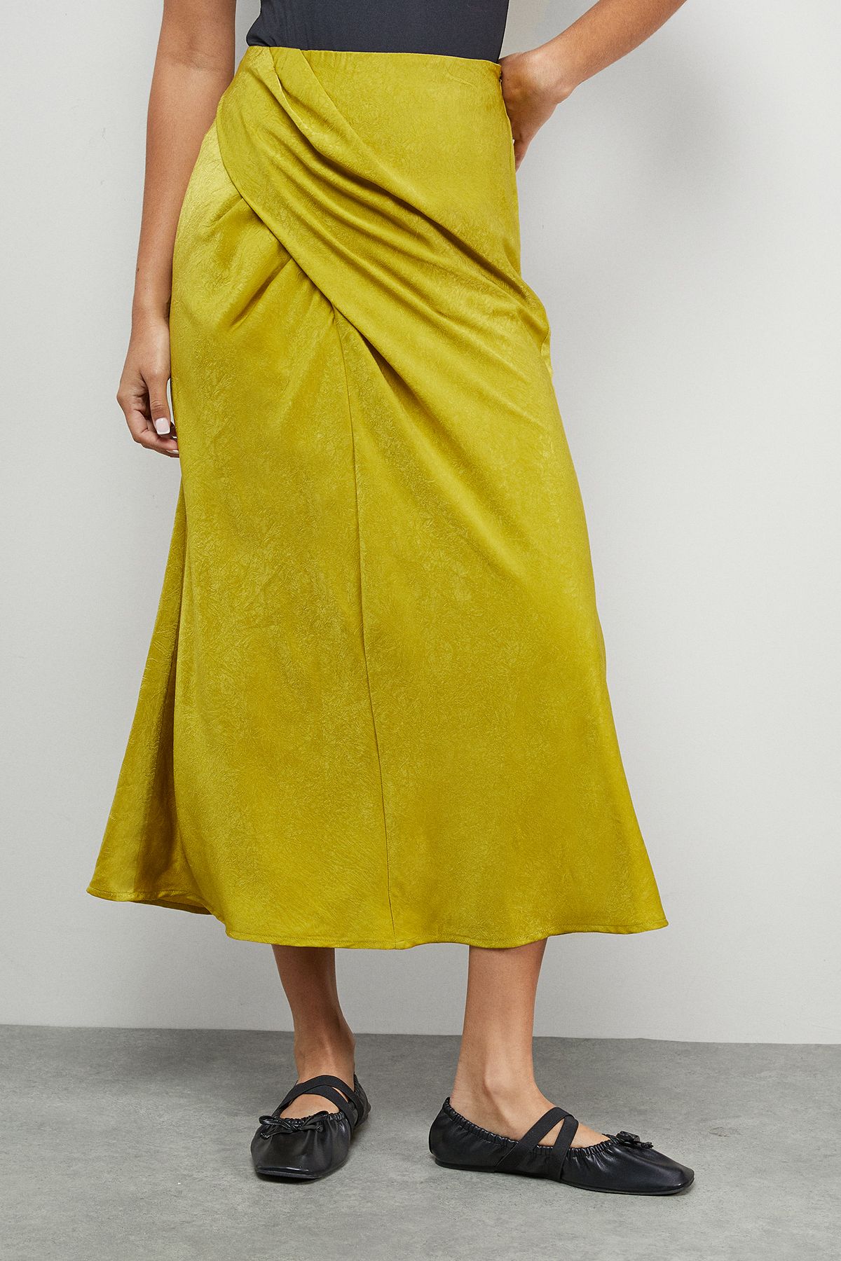 Warehouse Crushed Satin Drape Front Bias Midi Skirt Chartreuse