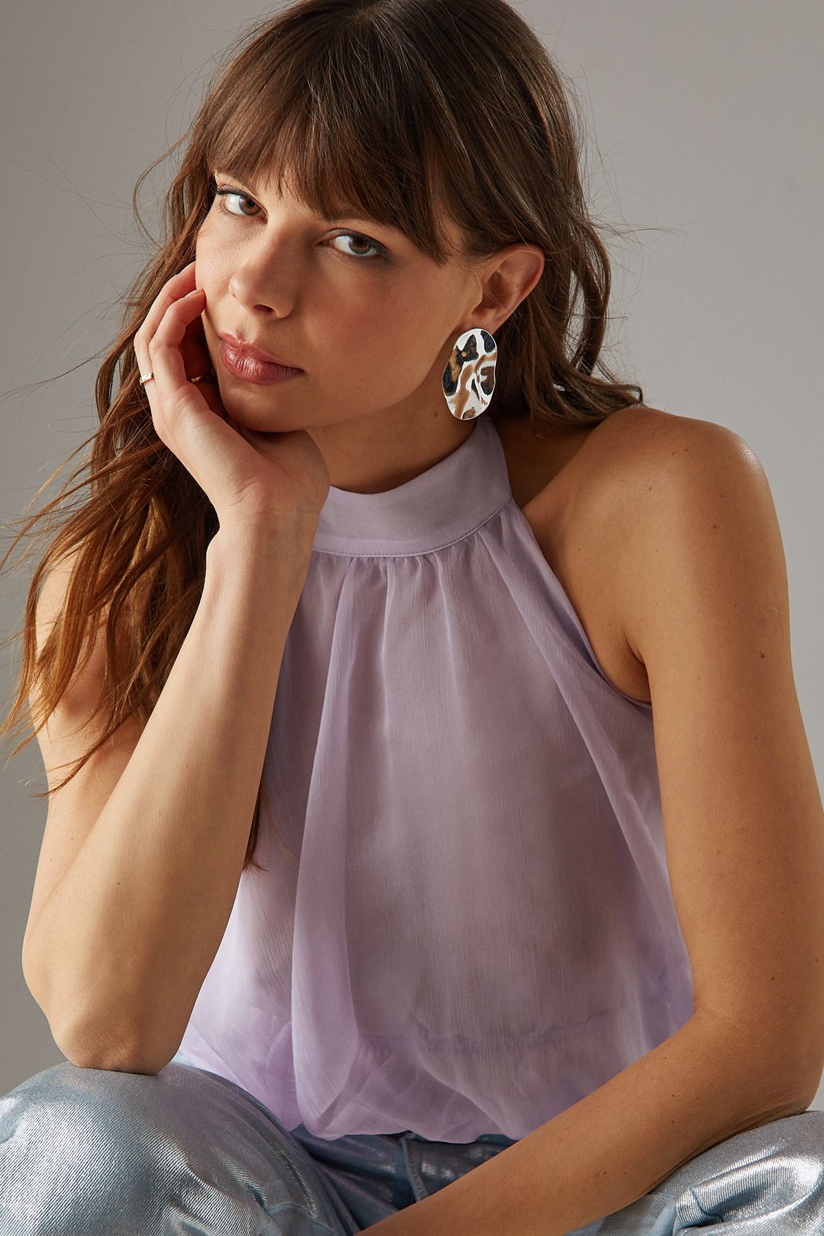 Warehouse Chiffon Halter Bubble Crop Top Lilac image 4
