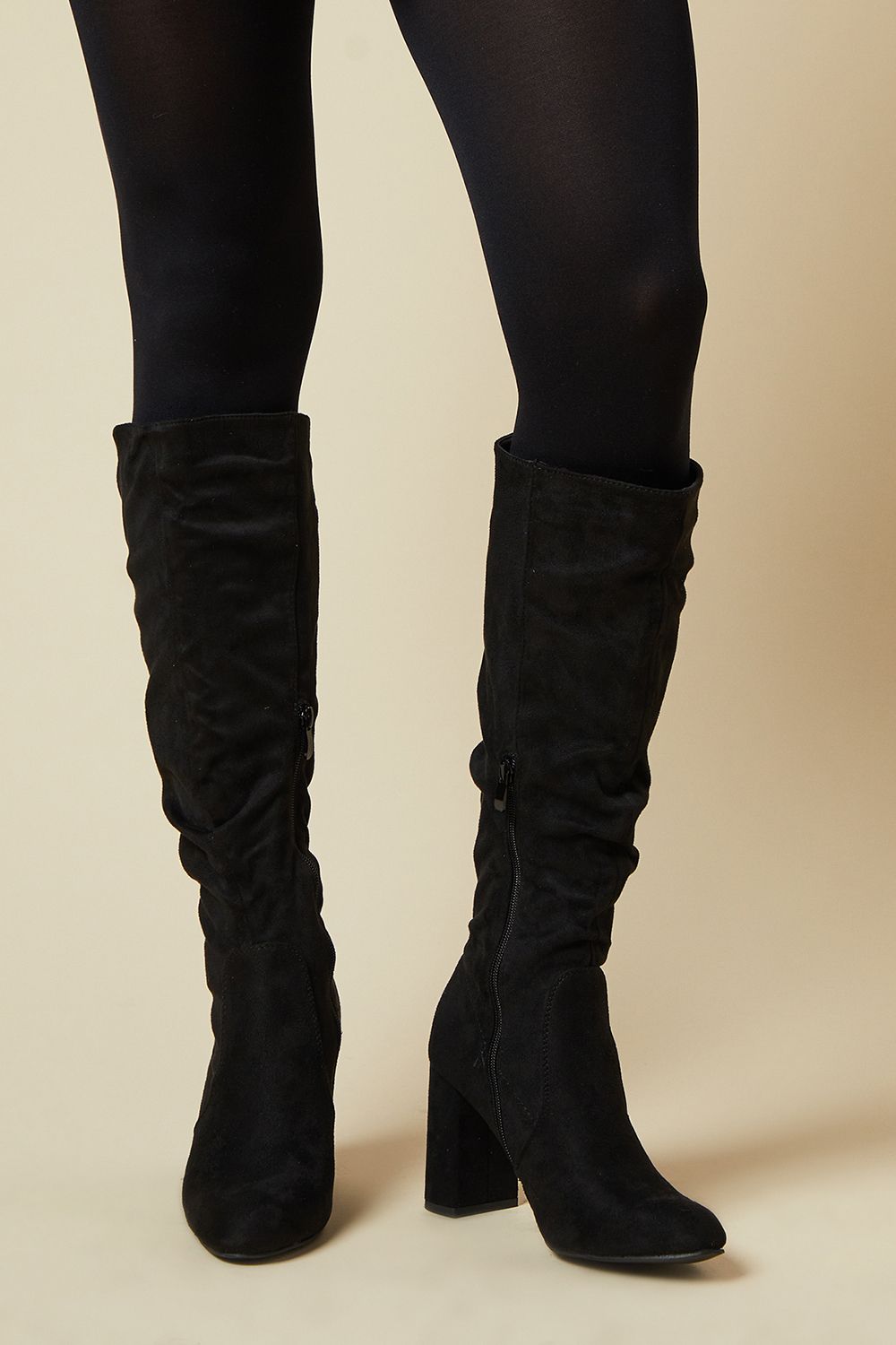 Dorothy Perkins Wide Fit Keris Faux Suede High Block Heel Ruched Knee High Boots Natural Black image 1