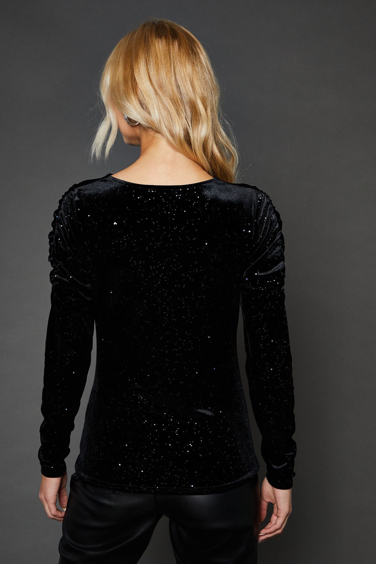 Dorothy Perkins Black Velvet glitter ruched sleeve long sleeve top Black image 3