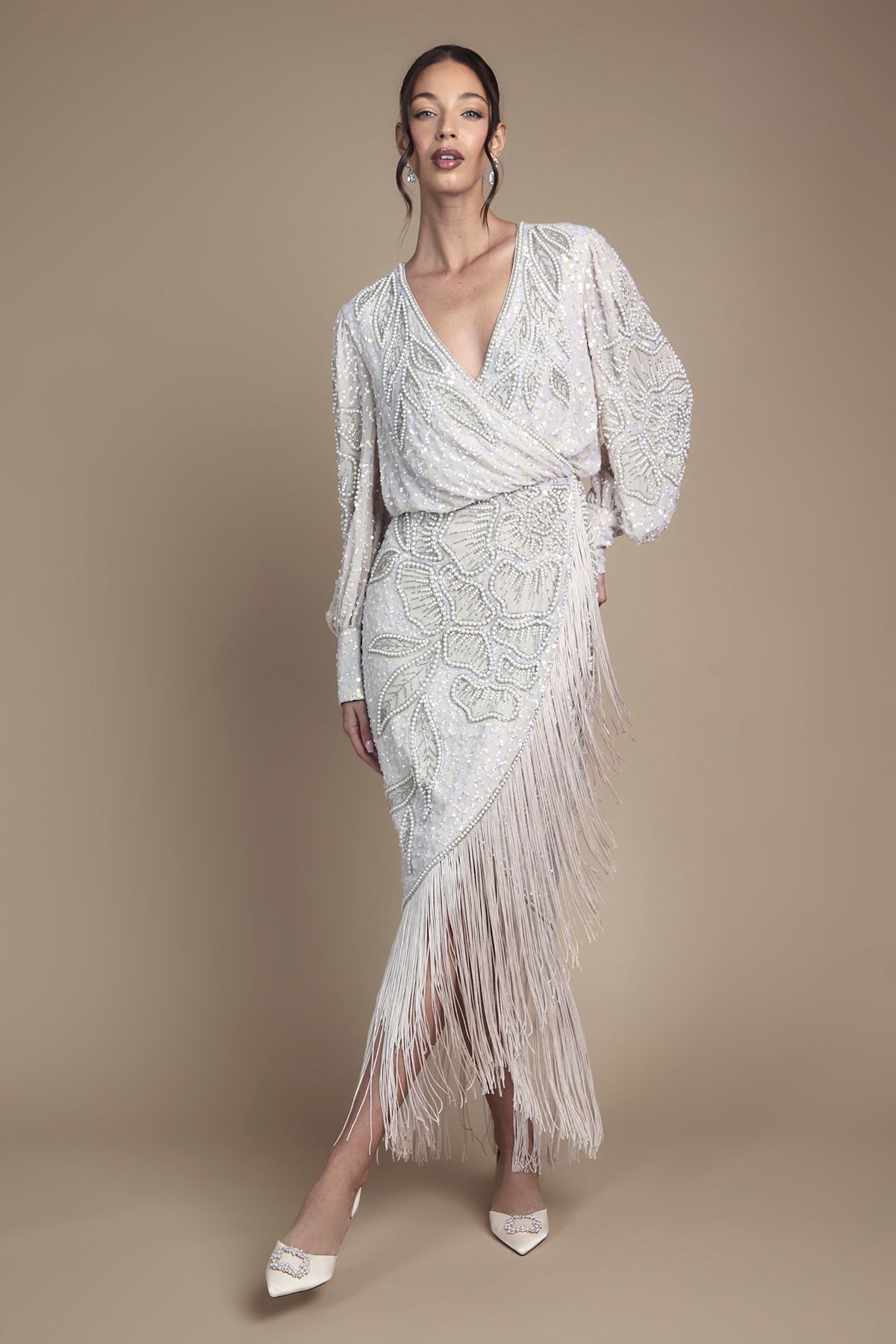 Coast Embellished Tassel Detail Wrap Midi Wedding Dress Champagne