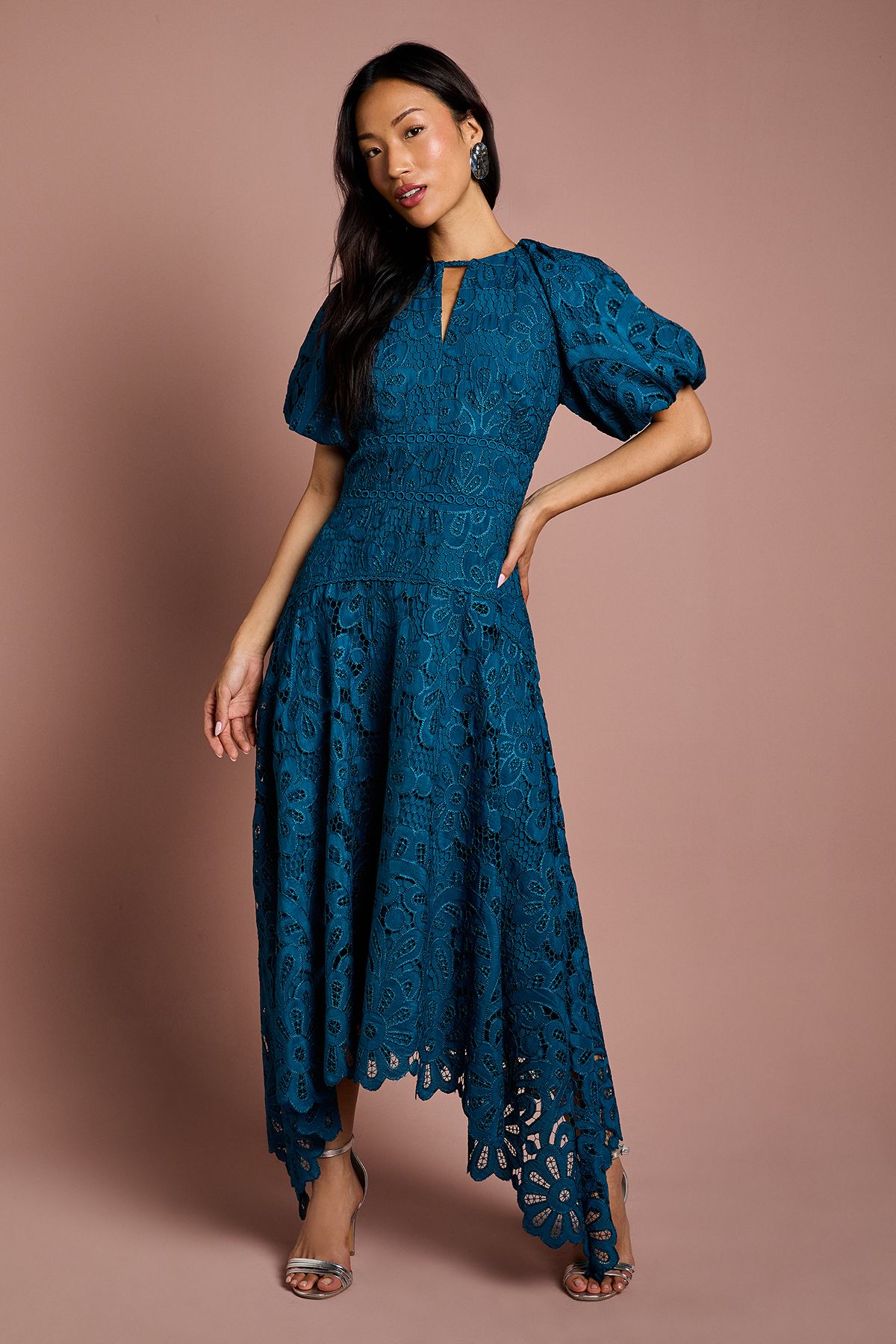 Coast Lace Hanky Hem Puff Sleeve Dress Teal