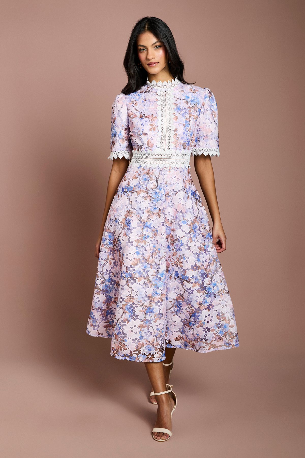 Coast Petite Printed Lace Short Sleeve Trim Detail Midi Dress Lilac