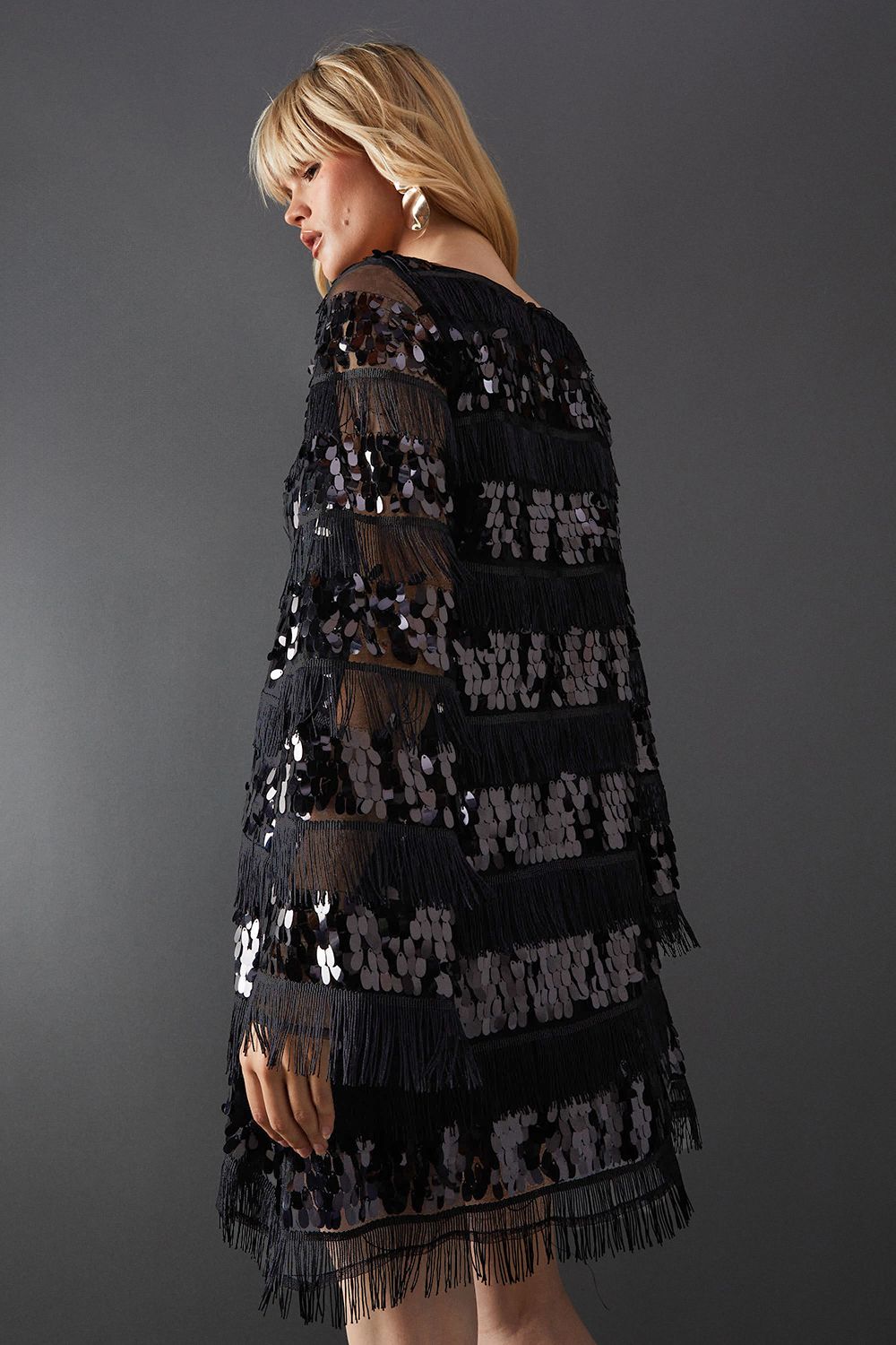 Warehouse Premium Lace Sequin Frill Tier Mini Smock Dress Black image 3