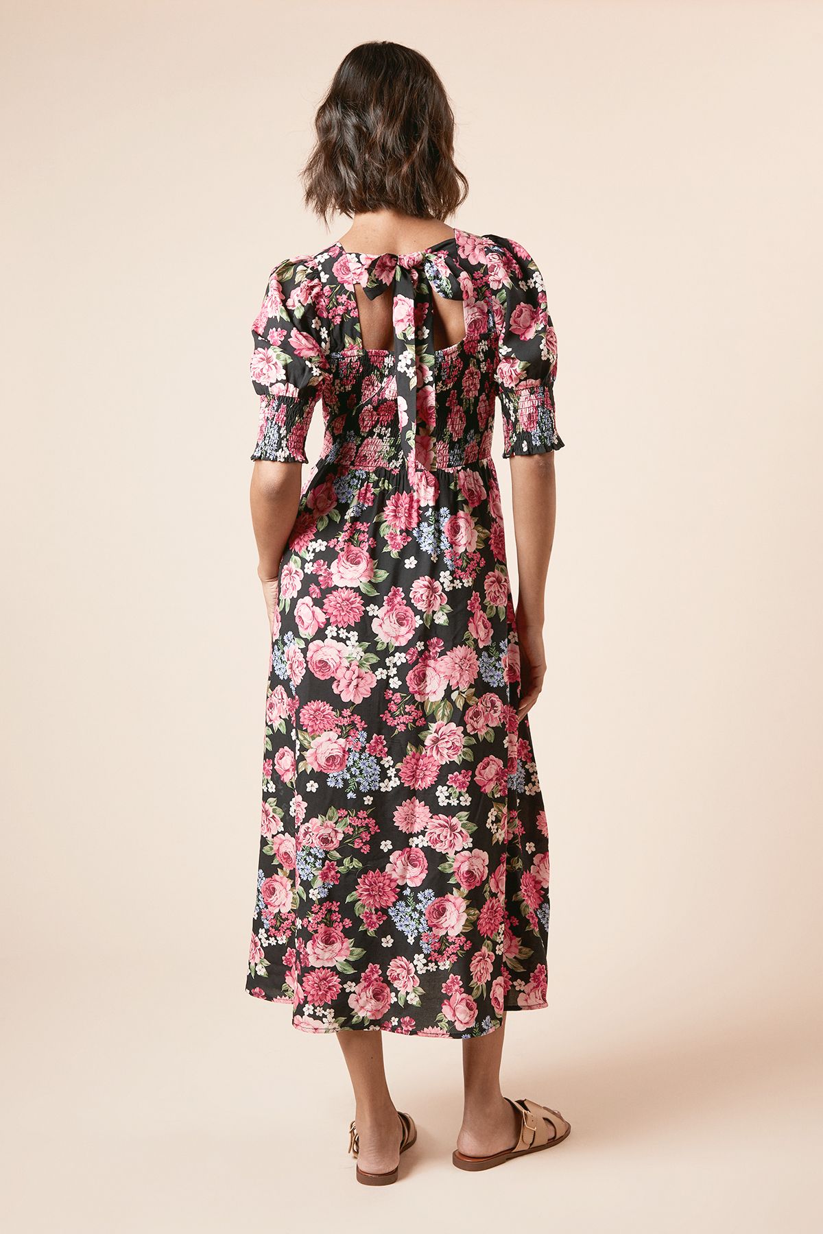 Dorothy Perkins Black Floral Shirred Bodice Puff Sleeve Square Neck Midi Dress Black image 4