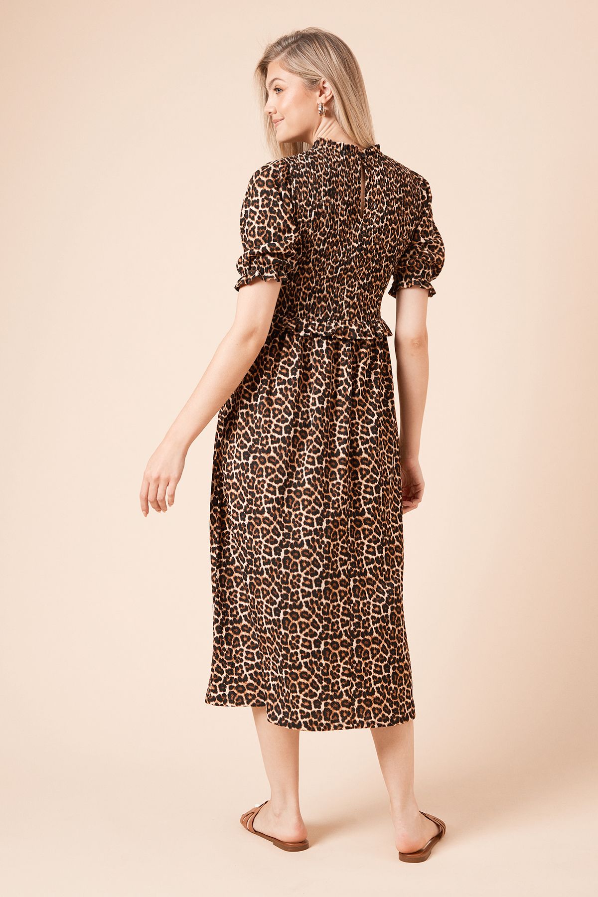 Dorothy Perkins Puff Sleeve Leopard Shirred Bodice Peplum Jersey Midi Dress Leopard image 4