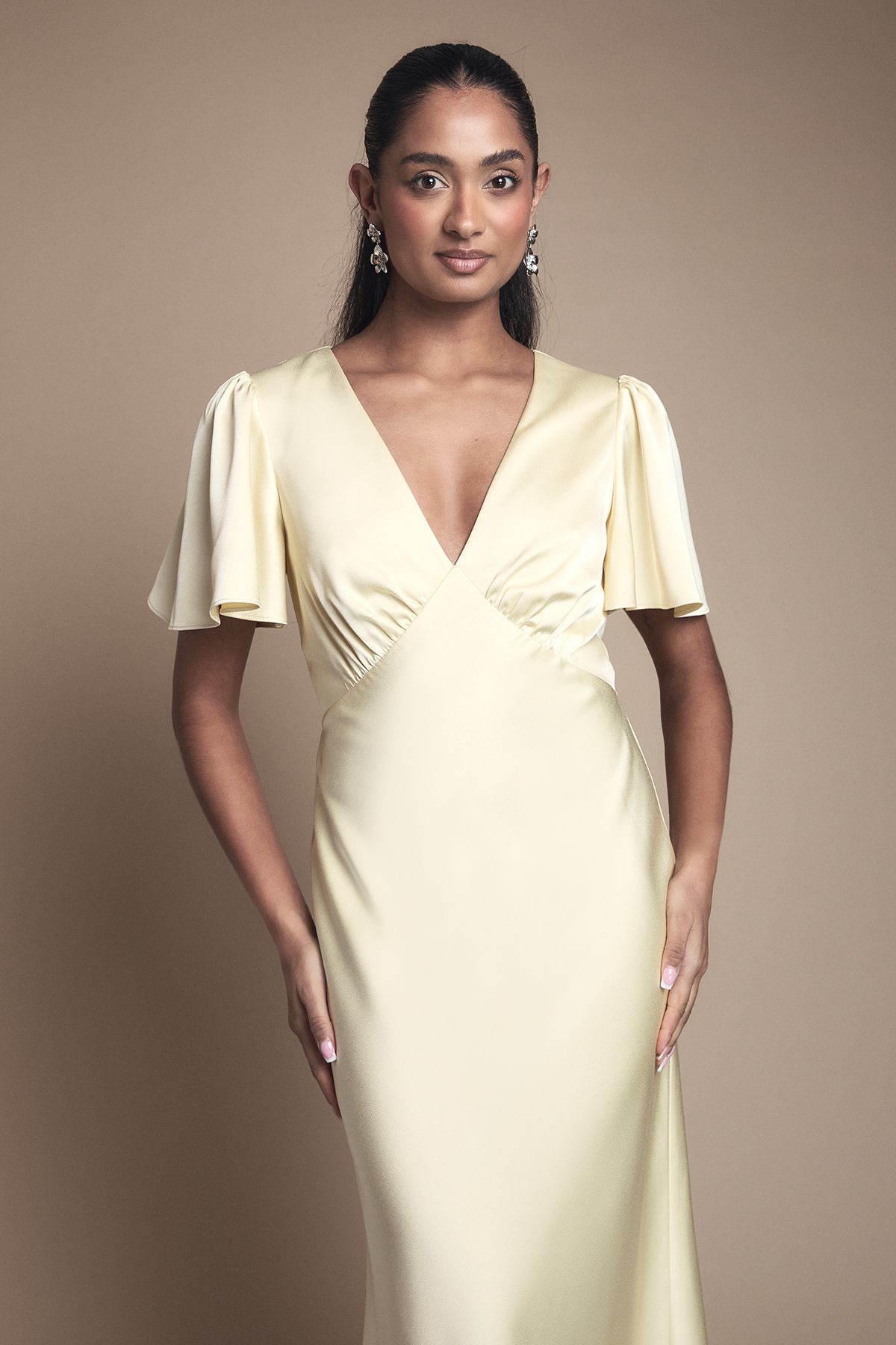 Oasis Deep V Fluted Sleeve Maxi Bridesmaid Dress Butter image 2