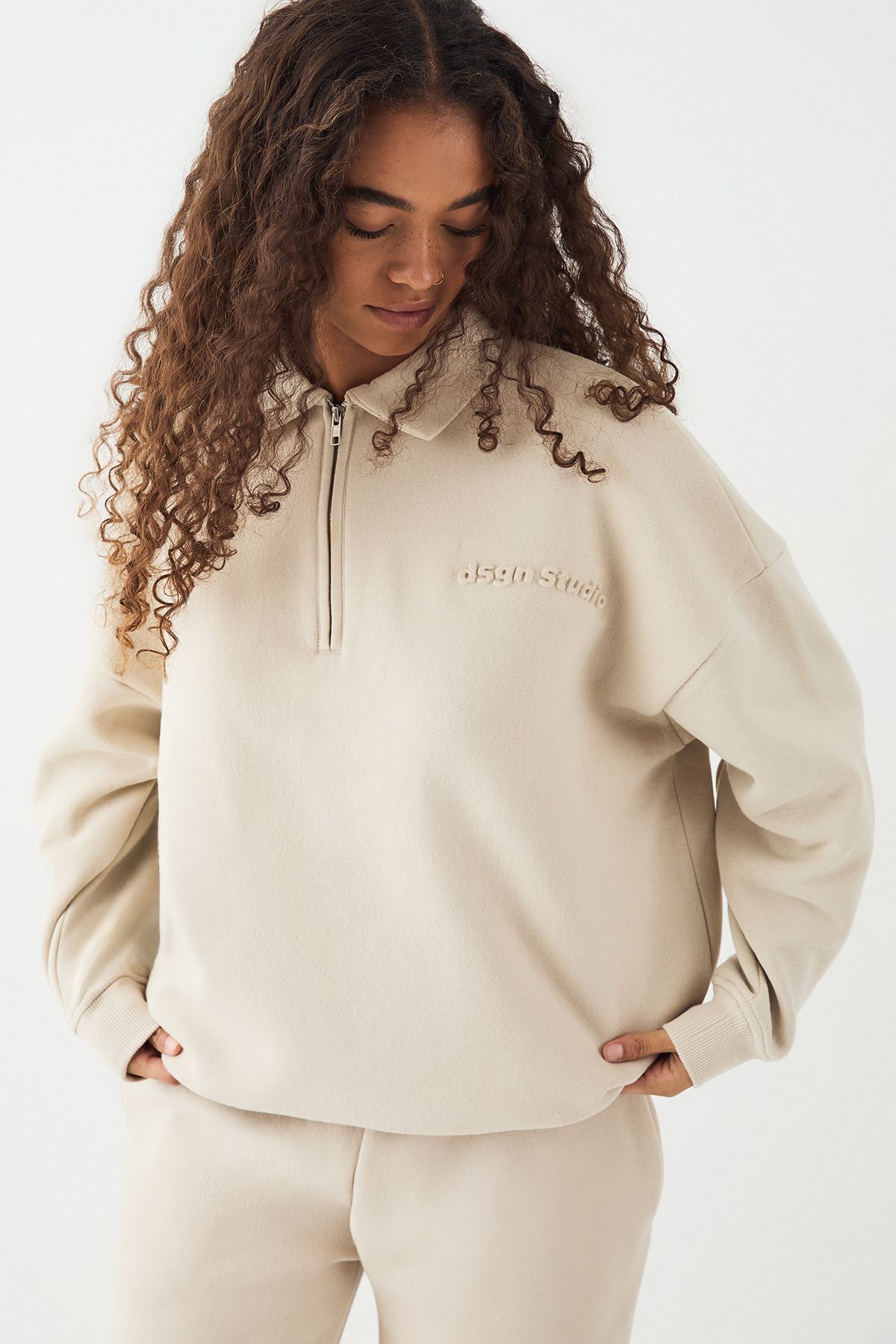 DSGN Studio DSGN Studio Embossed Collared Half Zip Sweatshirt Stone image 1