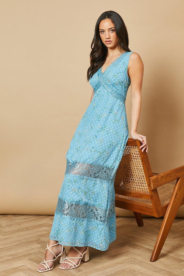 Oasis Floral Chiffon Lace Midi Dress Blue