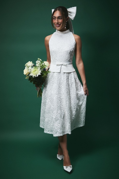 Coast Lisa Tan Lace Peplum Detail Midi Wedding Dress White