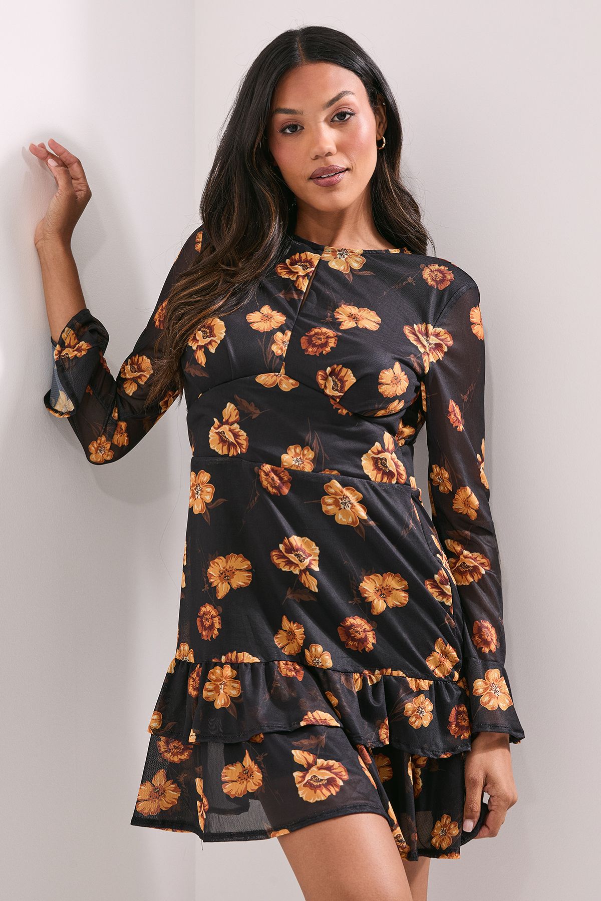 Dorothy Perkins Tiered Skirt Printed Mesh Mini Dress Floral