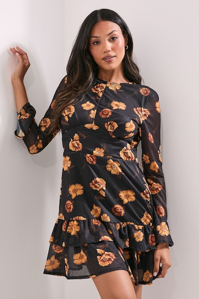 Dorothy Perkins Tiered Skirt Printed Mesh Mini Dress Floral