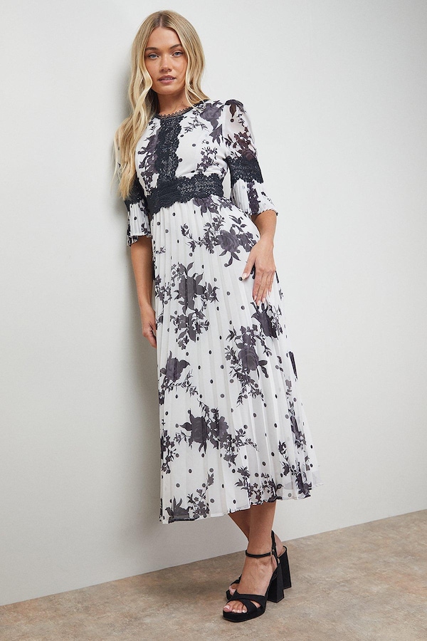 Oasis Petite Printed Lace Trim Pleated Midi Dress Multi