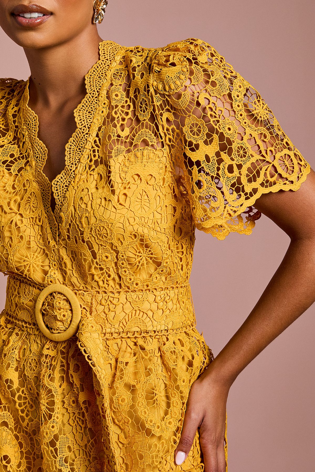 Coast Petite Short Sleeve V Neck Tiered Lace Midi Dress Gold image 5