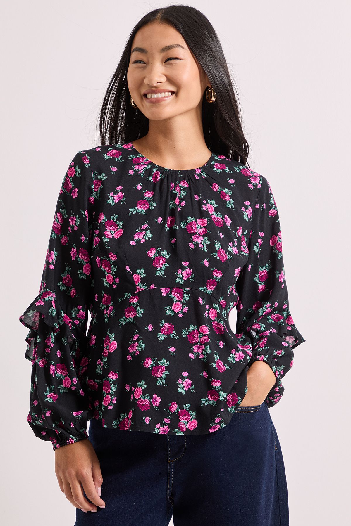 Dorothy Perkins Petite Black Floral Ruffle Blouson Sleeve Empire Seam Blouse Pink image 4