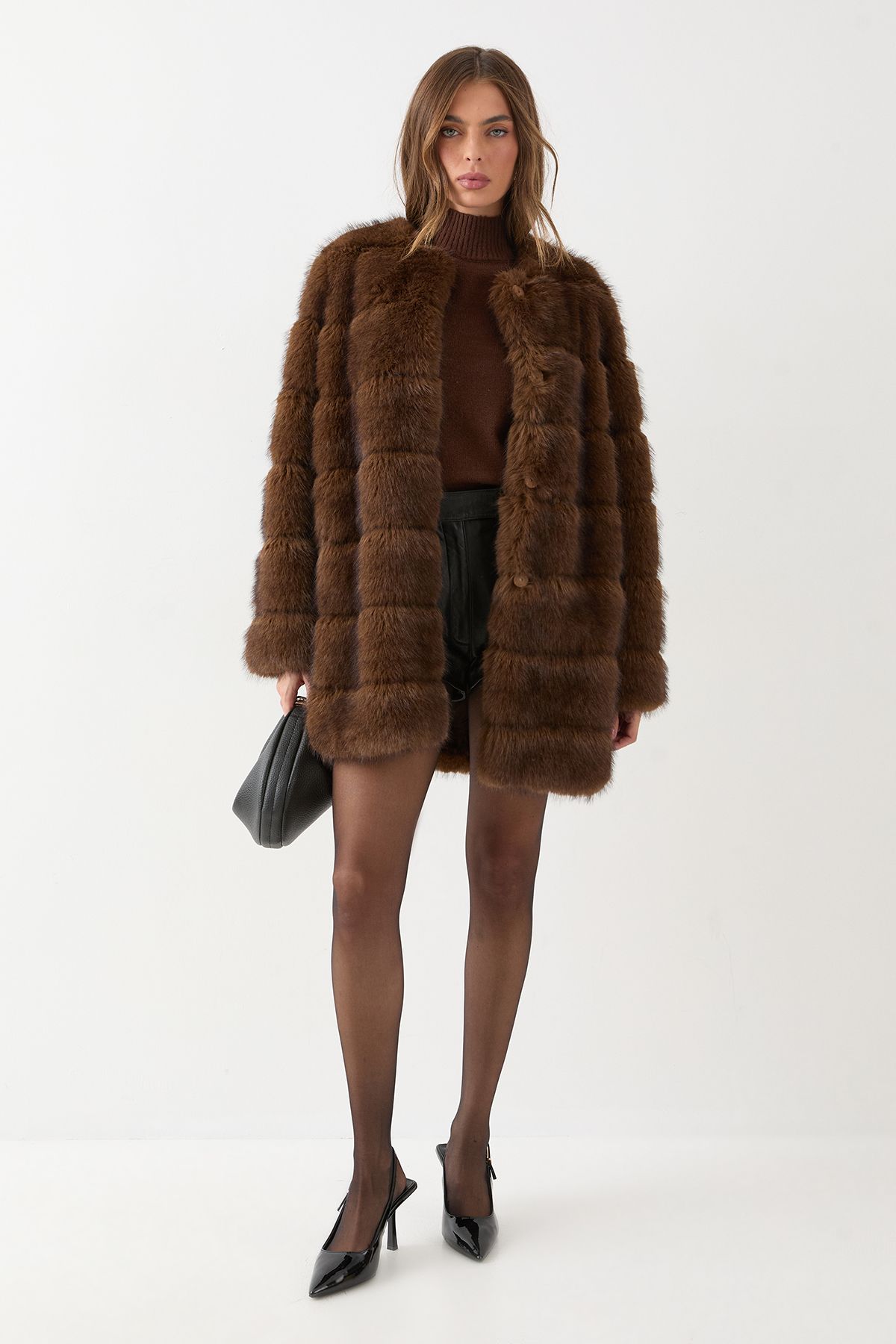 MissPap Panelled Faux Fur Coat Chocolate image 2