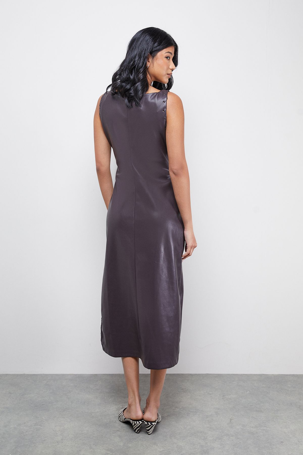Warehouse Faux Leather Whipstitch Detail Sleeveless Midi Dress Oxblood image 3