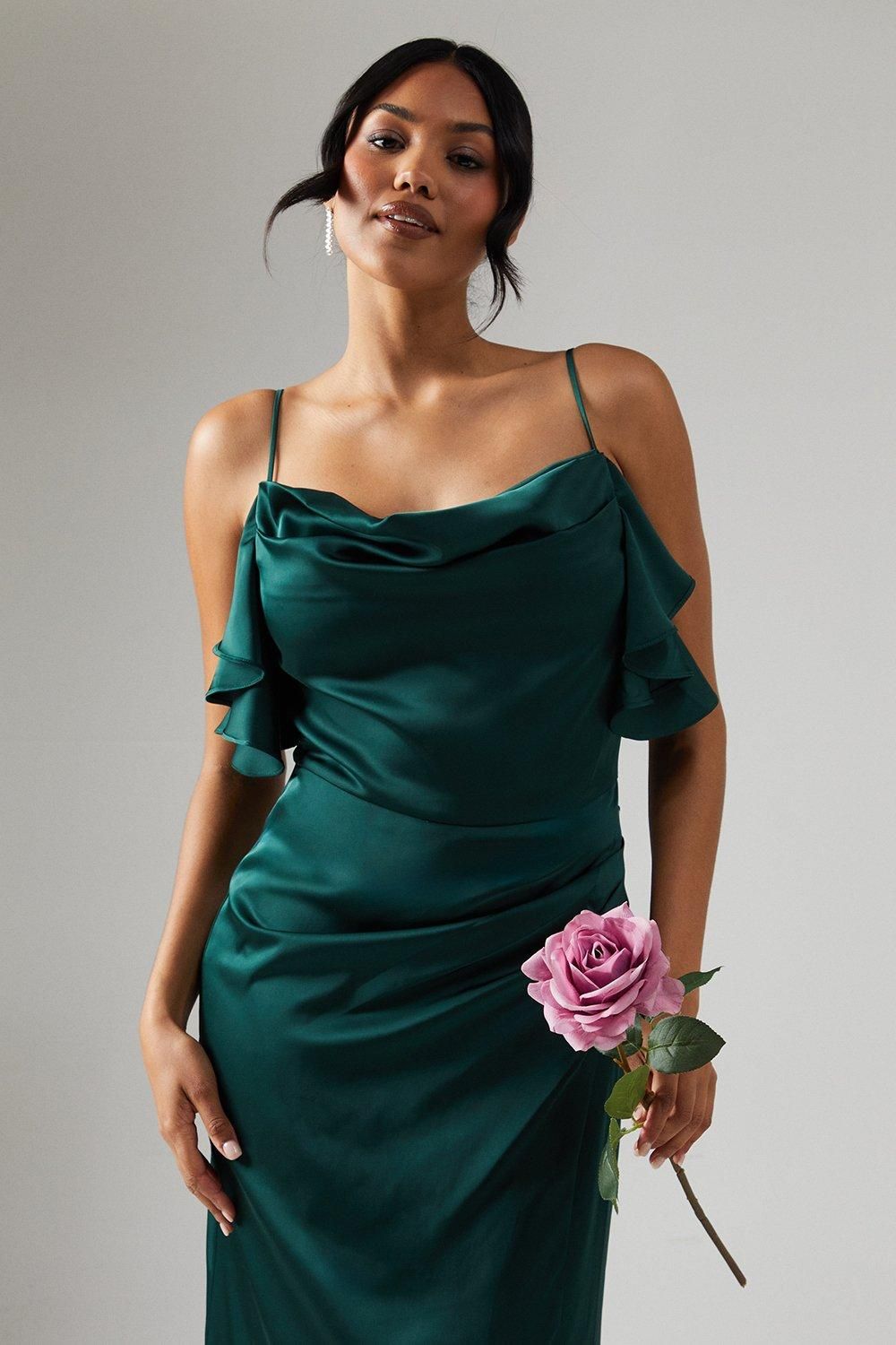 Coast Cowl Neck Ruffle Detail Satin Bridesmaid Dress Emerald image 4
