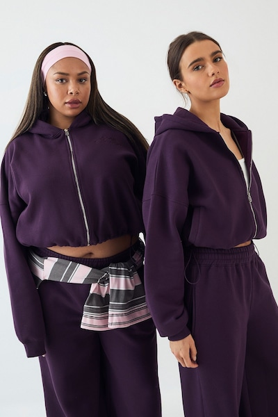 DSGN Studio DSGN Studio Towelling Applique Boxy Zip Through Hoodie Aubergine