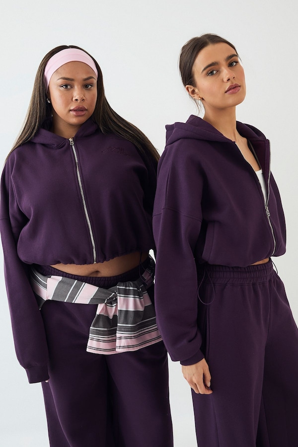 DSGN Studio DSGN Studio Towelling Applique Boxy Zip Through Hoodie Aubergine
