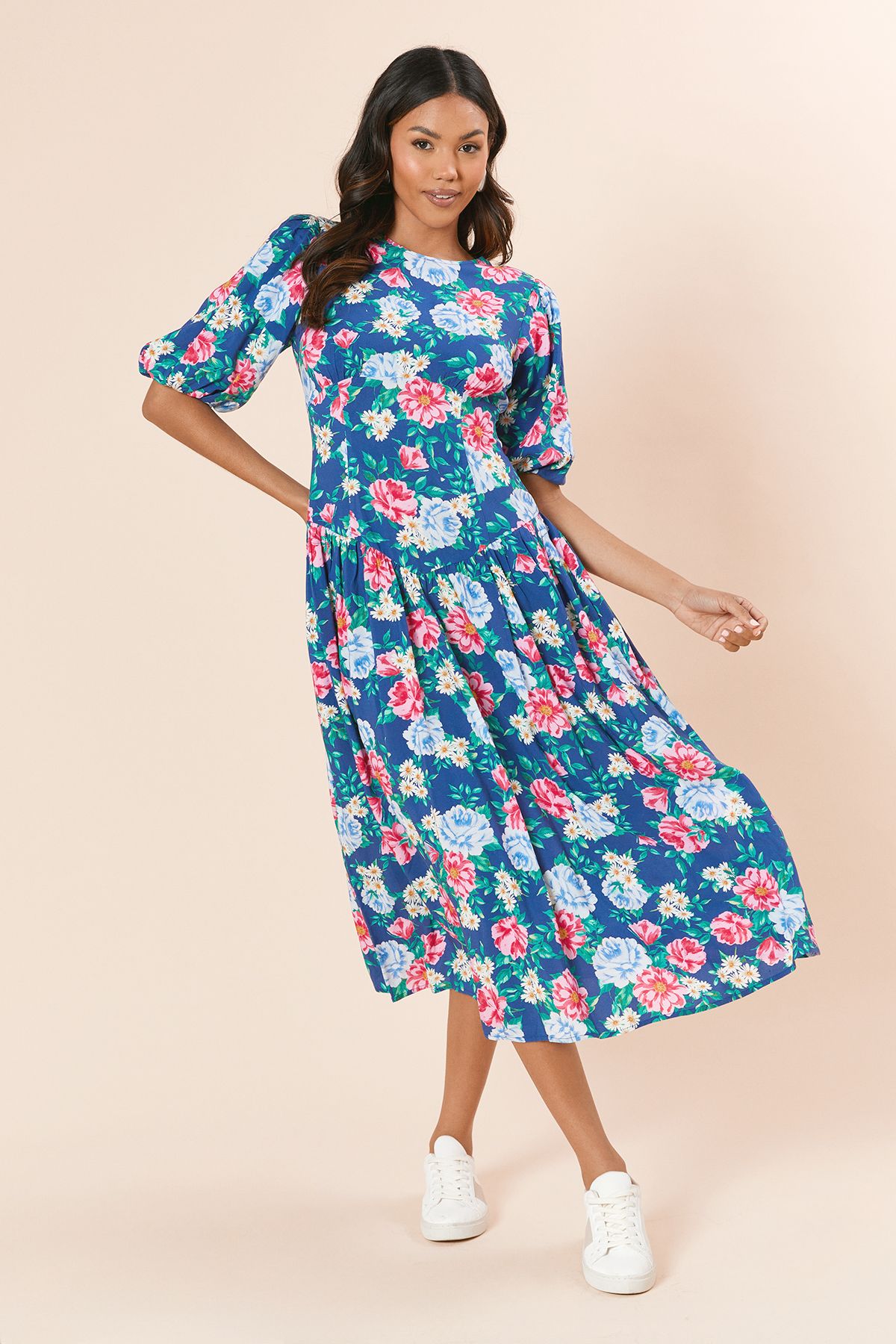 Dorothy Perkins Floral Drop Waist Puff Sleeve Midi Dress Floral image 1