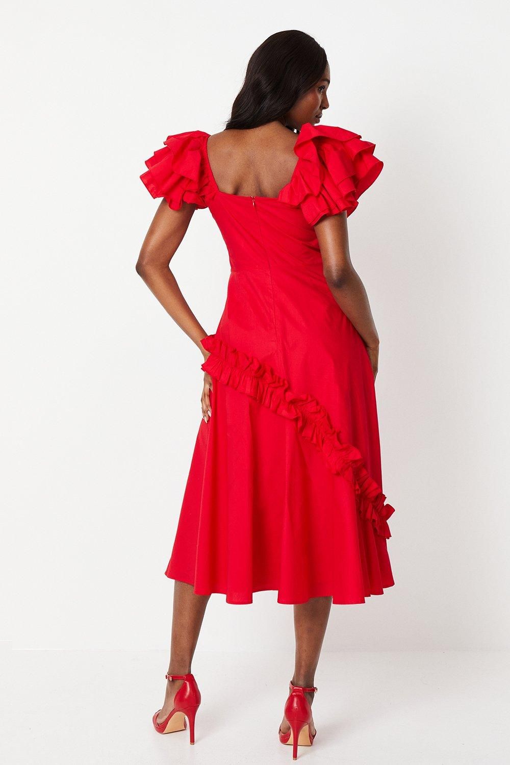 Coast Frill Sleeve Ruffle Skirt Cotton Midi Dress Red image 3