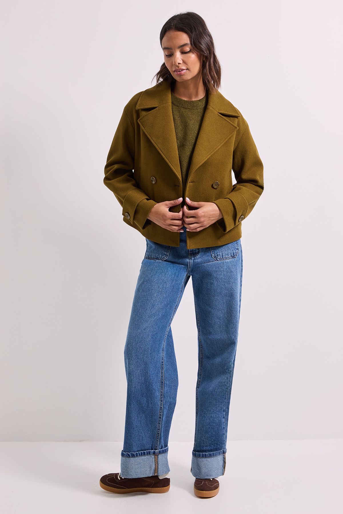 Dorothy Perkins Cuff Detail Wide Collared Short Coat Olive image 2