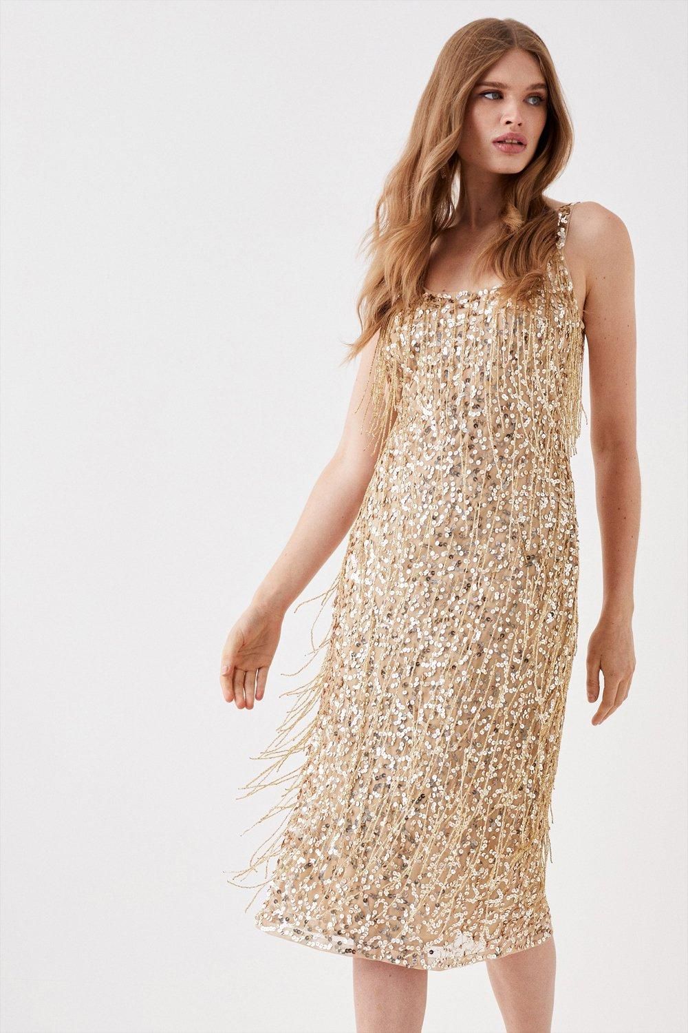 Coast Sequin & Bead Midi Cami Dress Gold image 4