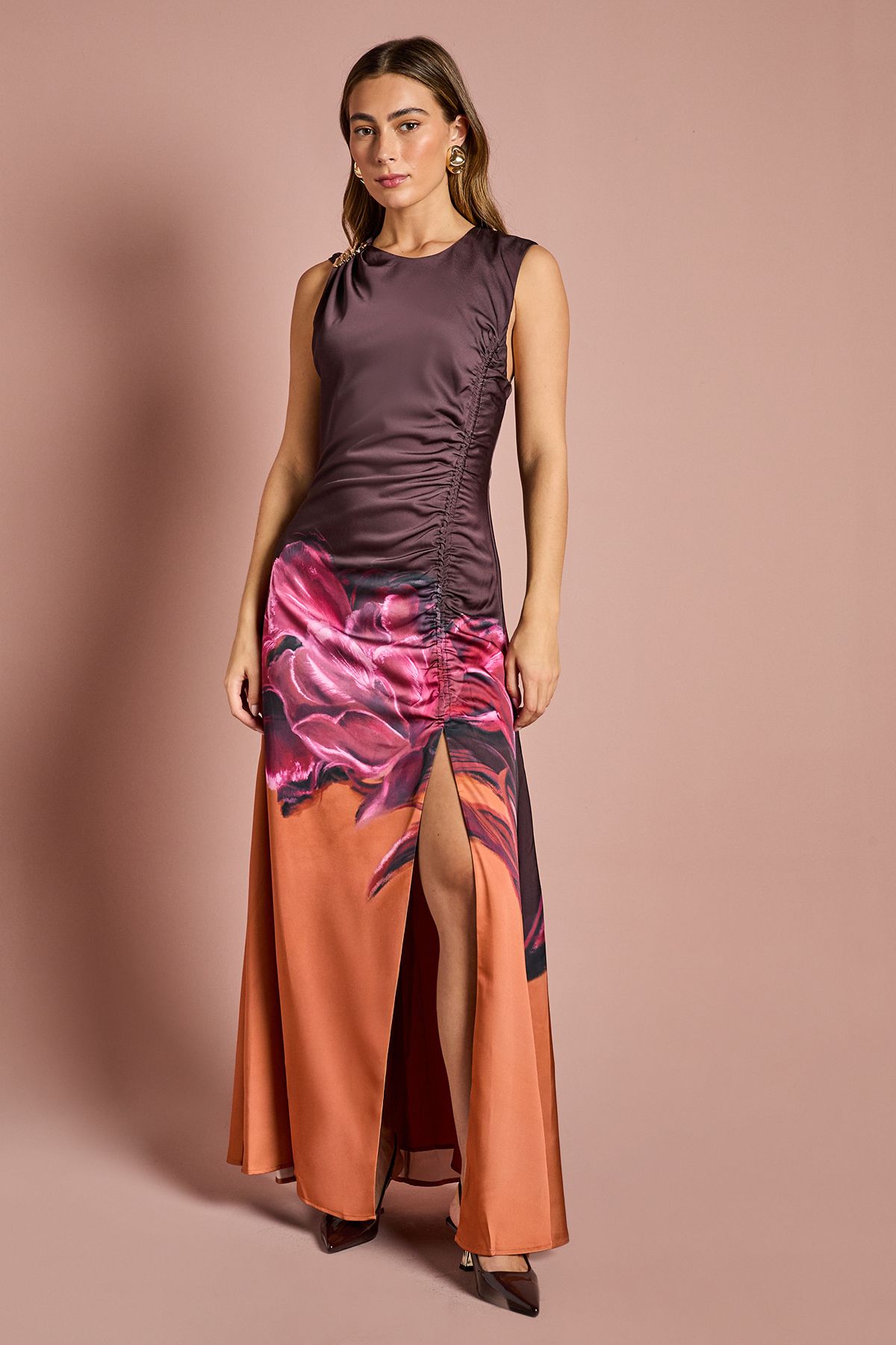 Coast Ruched Detail Placement Print Satin Midi Dress Orange image 1