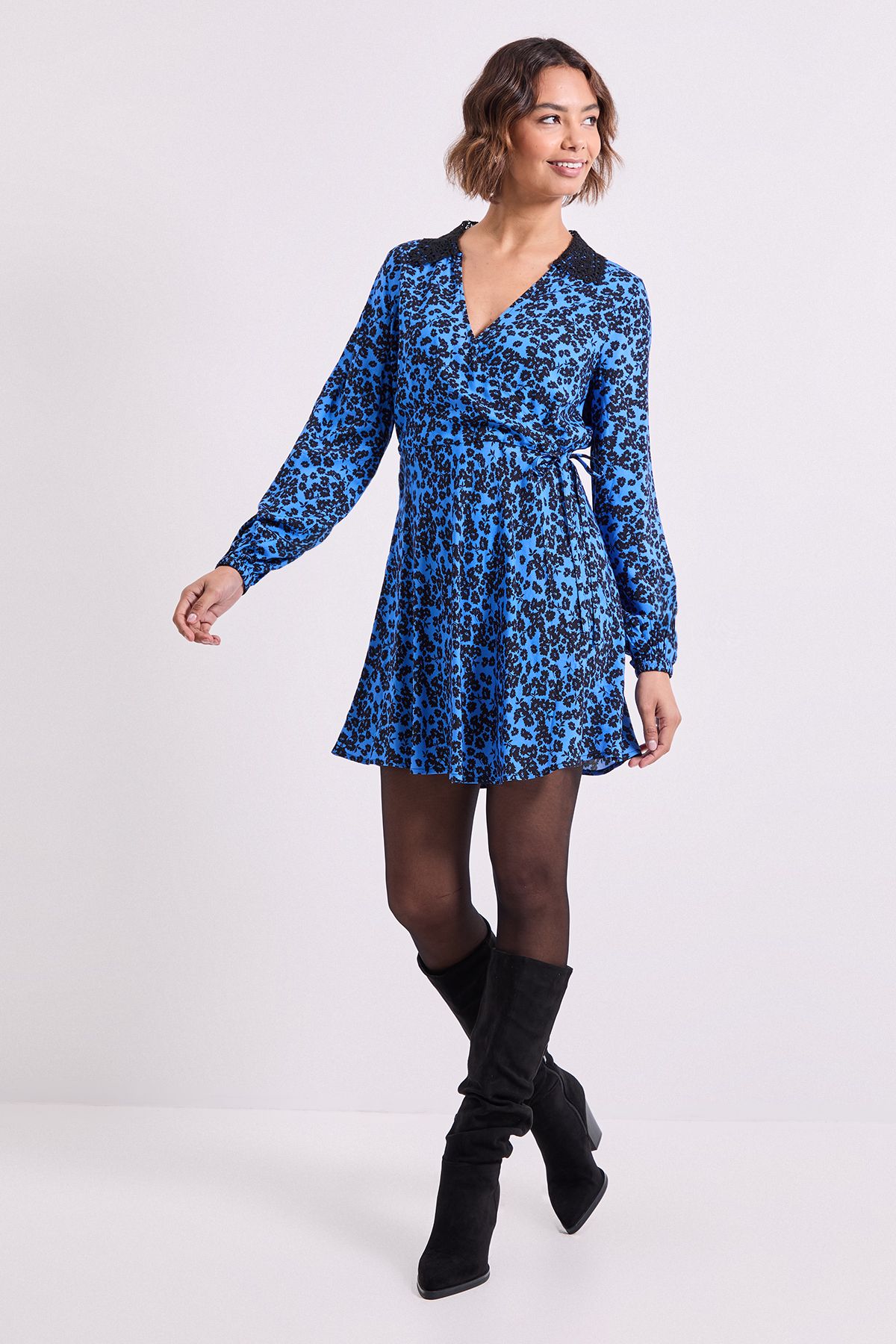 Dorothy Perkins Blue Floral Lace Collar Detail Wrap Printed Mini Dress Blue