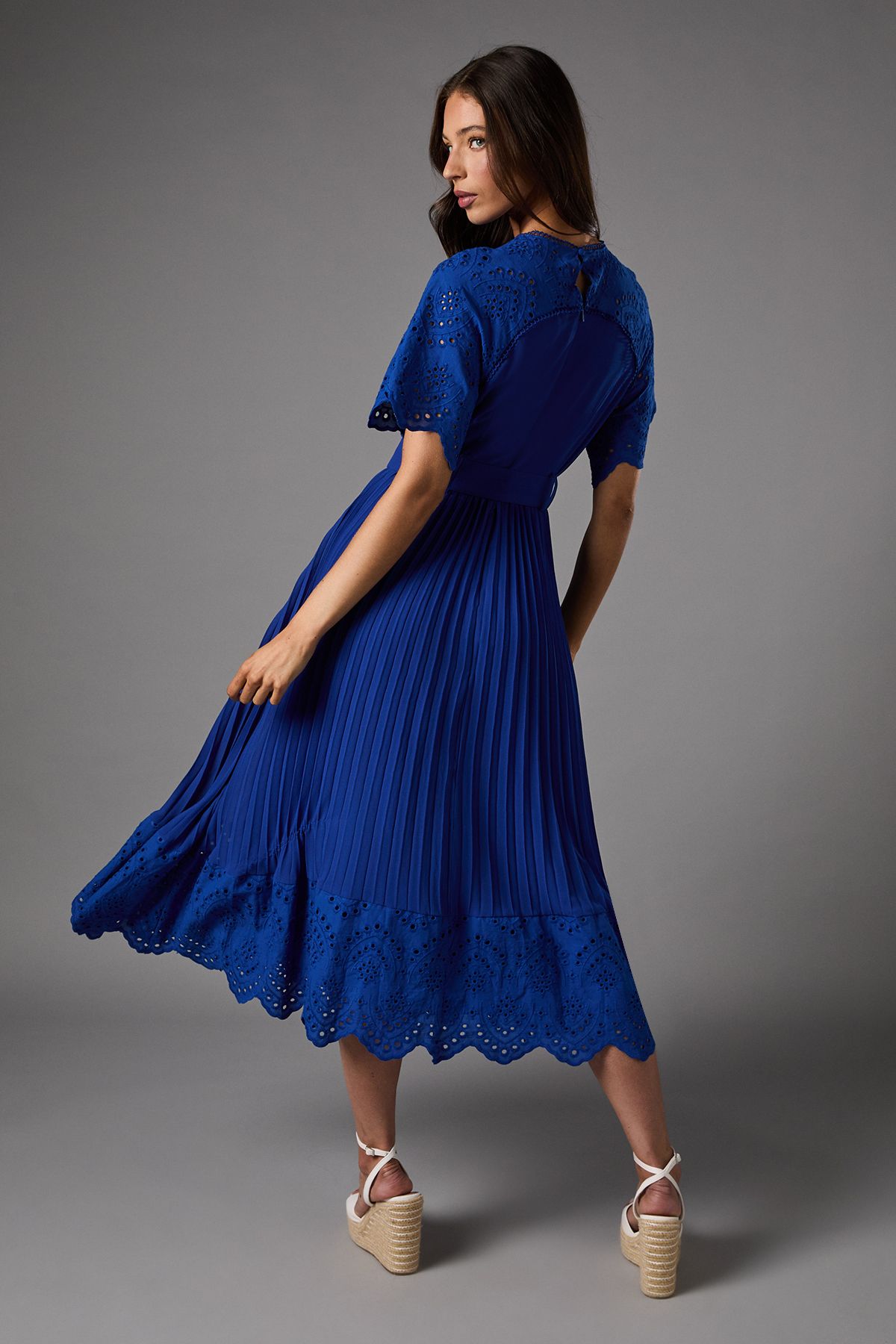 Coast Short Sleeve Pleated Chiffon Midi Dress With Broderie Trim Cobalt image 3
