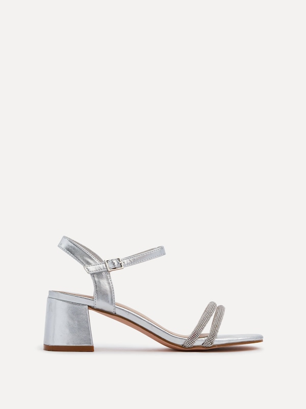 Linzi Bunty Silver Faux Leather Diamante Block Heeled Sandal