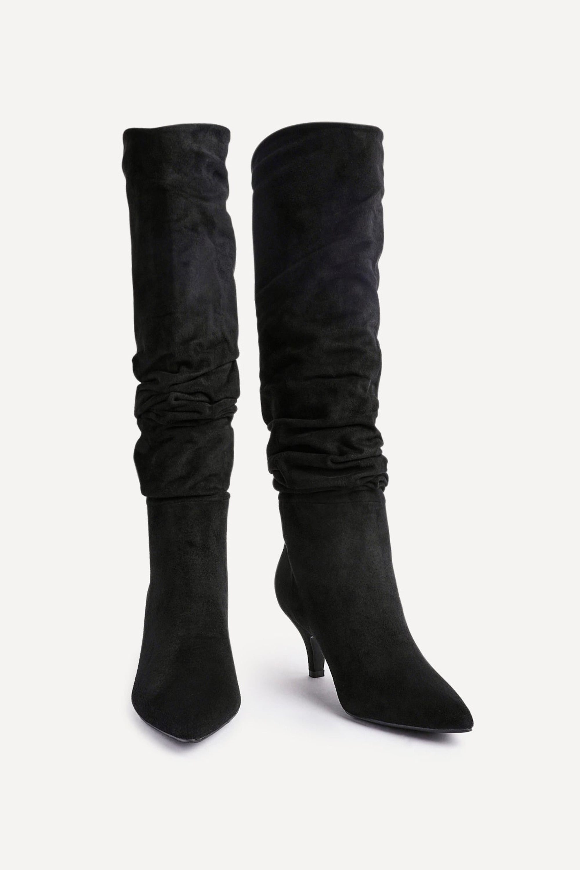 Linzi Esteem Black Faux Suede Ruched Kitten Heel Knee High Boot image 3