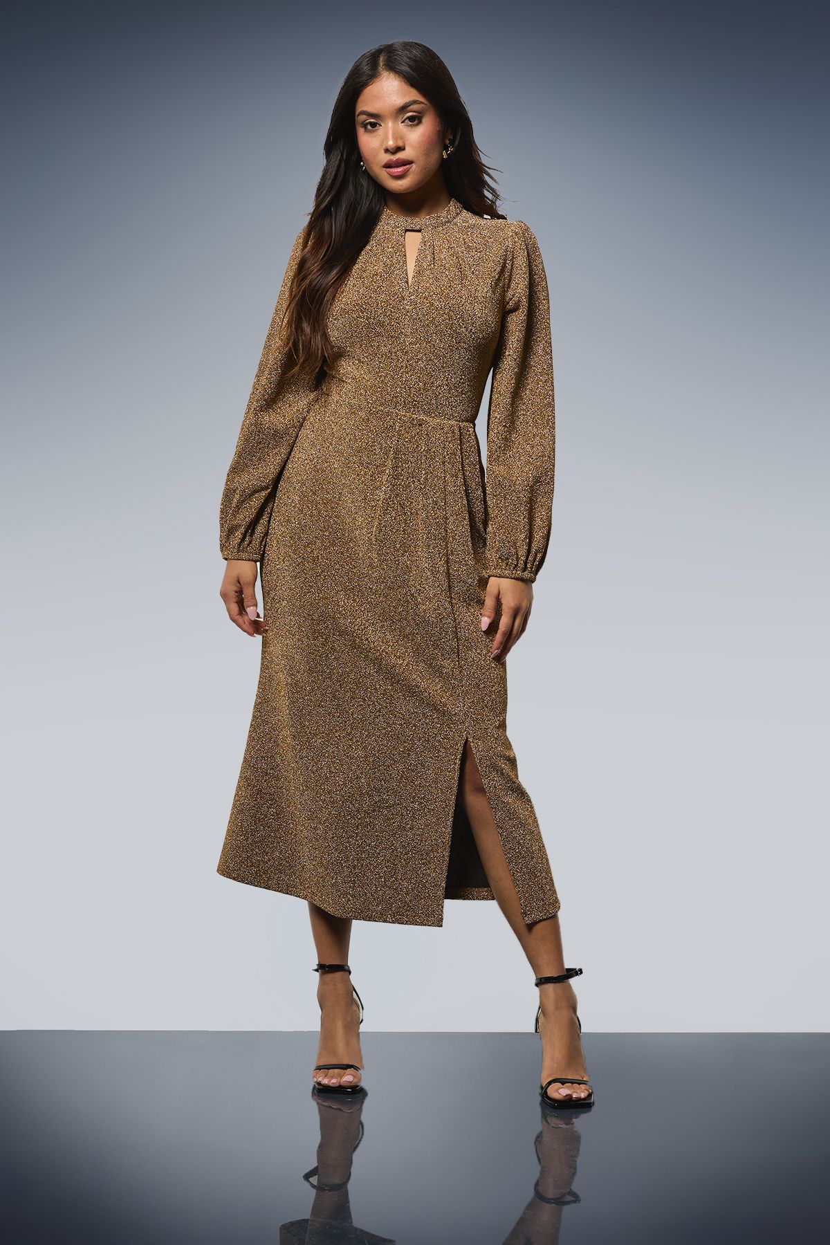 Dorothy Perkins Petite DP Luxe Keyhole Detail Sparkle Jersey Midi Dress Gold image 1