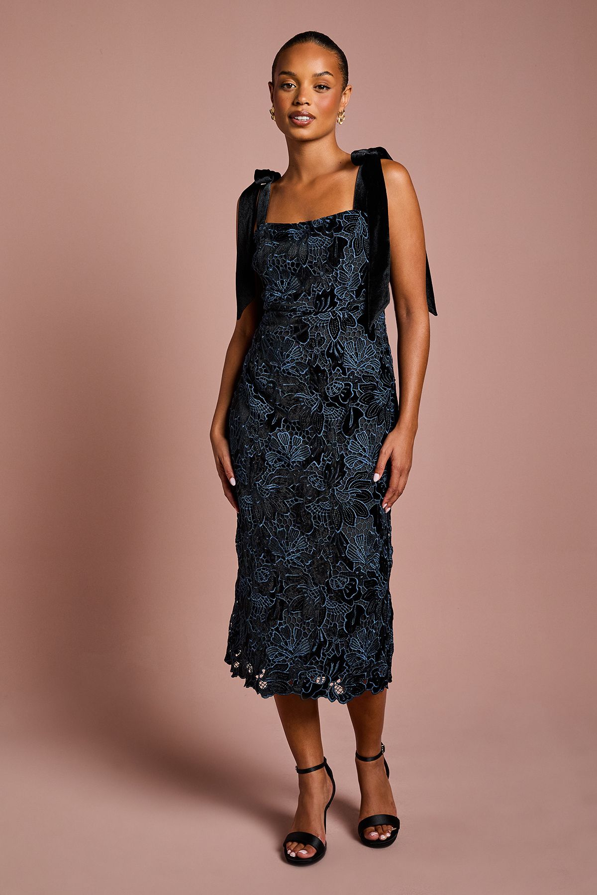Coast Petite Cut Out Velvet Lace Tie Shoulder Column Midi Dress Black image 1