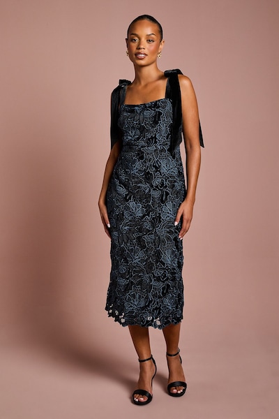 Coast Petite Cut Out Velvet Lace Tie Shoulder Column Midi Dress Black
