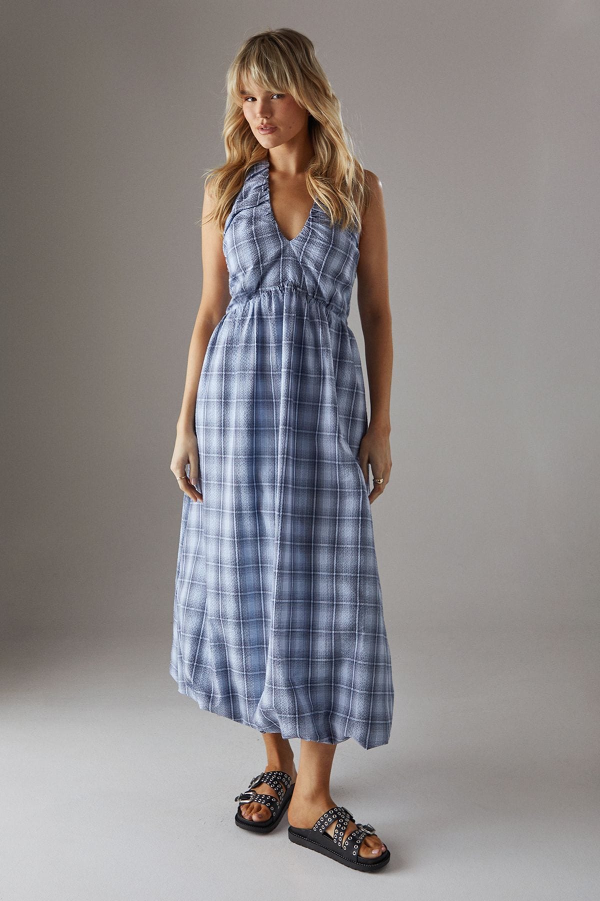 Warehouse Check Halter Open Back Puff Ball Midi Sundress Baby Blue image 1