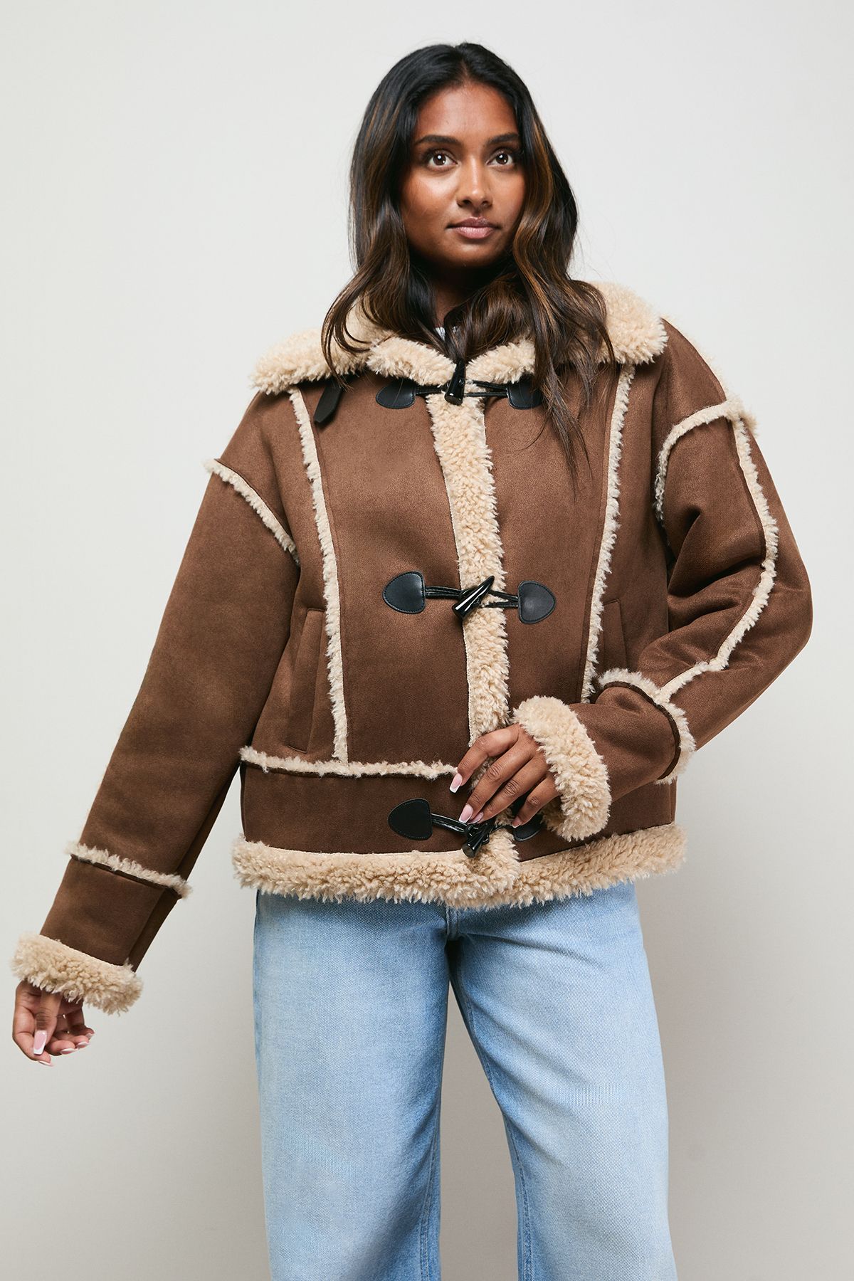Oasis Shearling Trim Aviator Jacket Chocolate image 2