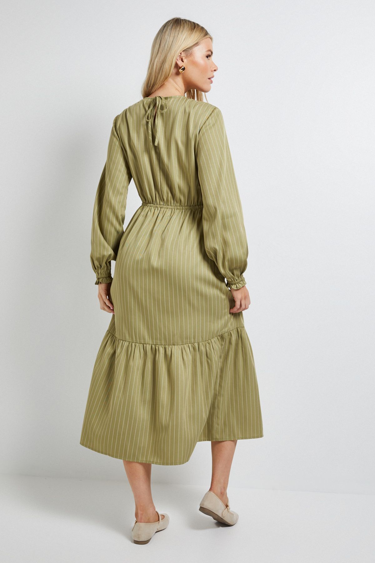 Dorothy Perkins Shirred Bodice Tiered Stripe Midi Dress Green image 3